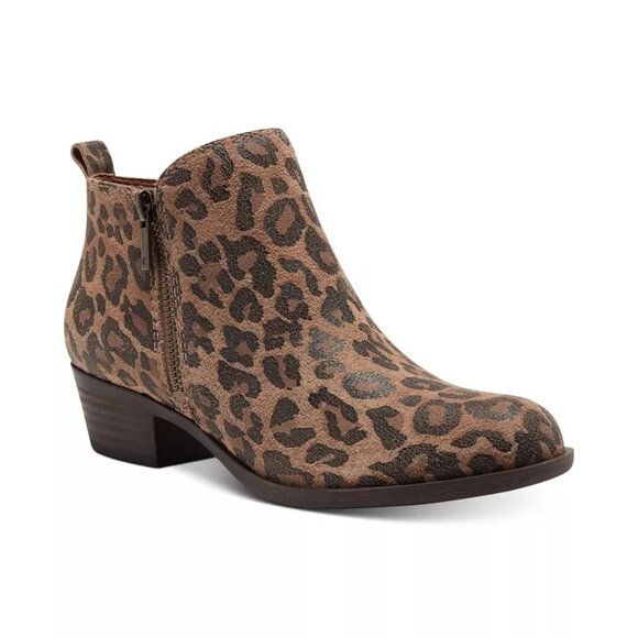 NWOB Lucky Brand Basel Bootie Boots Sz 7.5W Brown Leopard Leather Stacked Heel - Picture 1 of 12